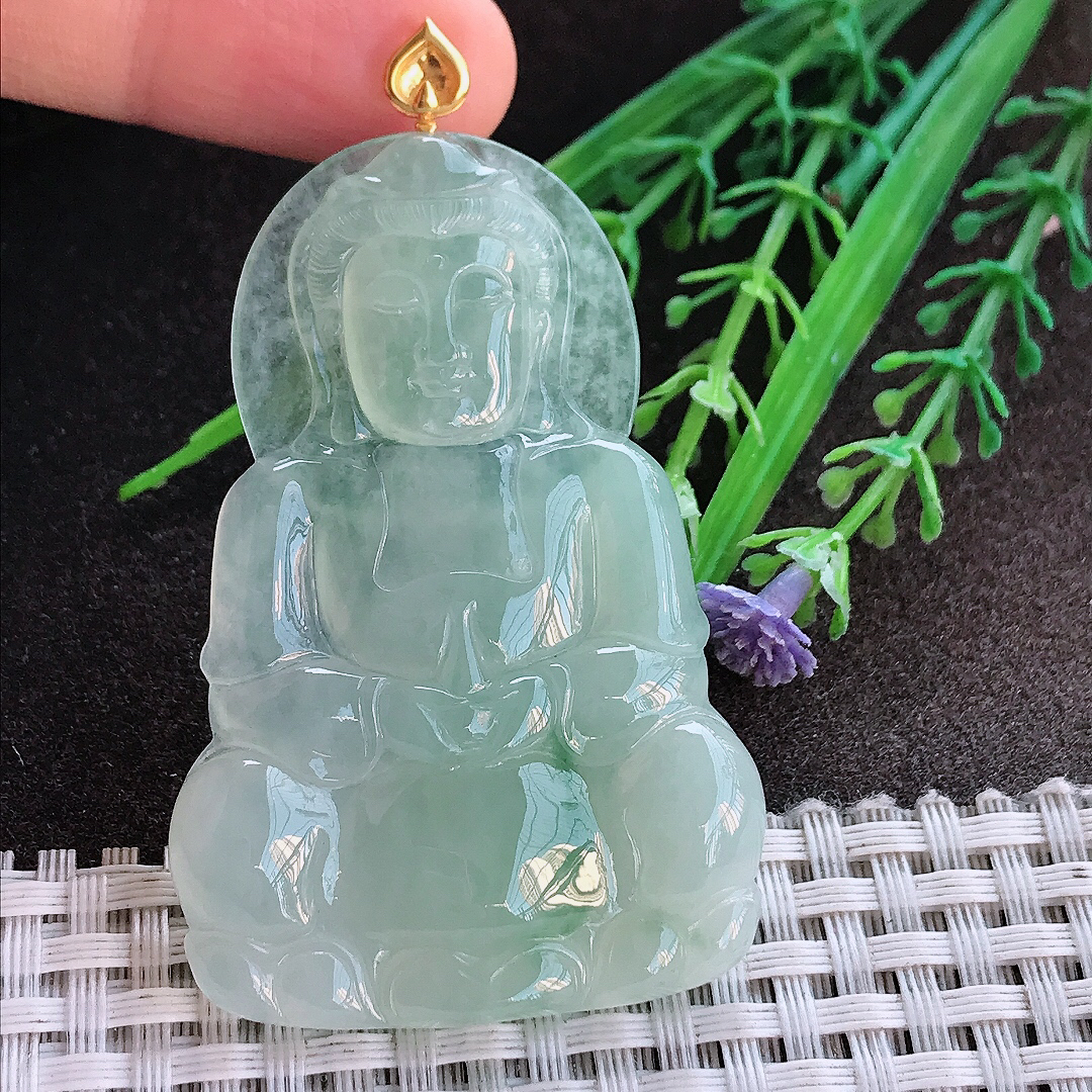 实拍A货翡翠59/38.5/5.8老坑18k金镶嵌冰胶冰晴绿正装观音吊坠翡翠挂件