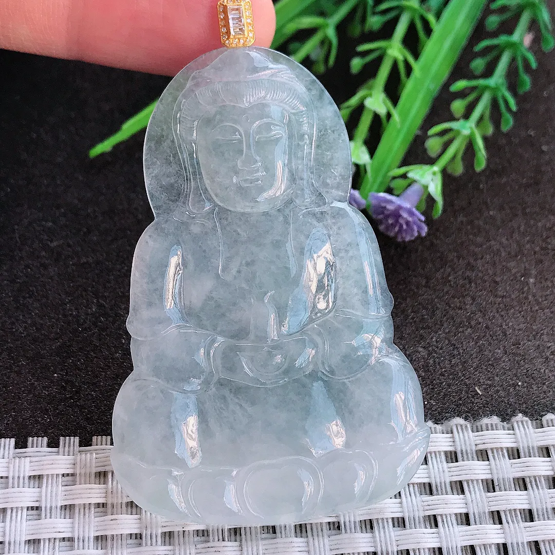 实拍A货翡翠59.5/39.8/4.2老坑冰透起胶白冰观音吊坠翡翠挂件