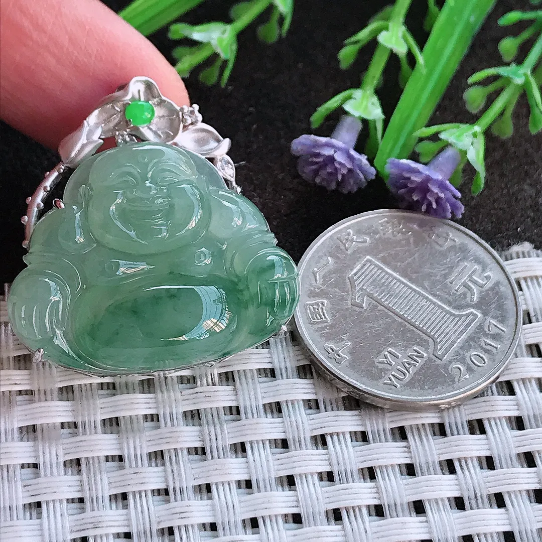 实拍A货翡翠30.8/29.8/8老坑18k金镶嵌冰胶果冻满色飘花佛公吊坠翡翠挂件