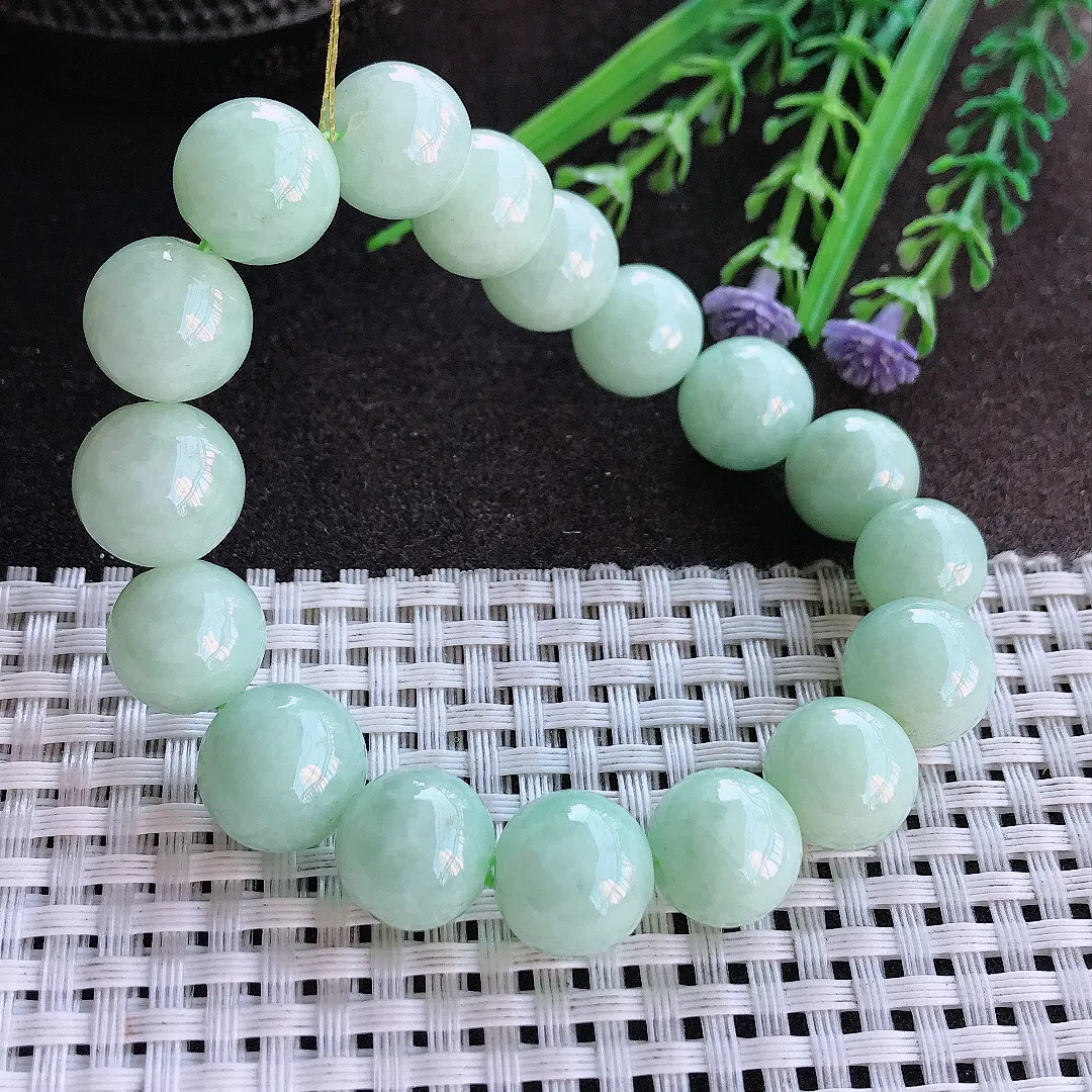 实拍A货翡翠12.5/17颗老坑清秀温润浅绿色圆珠手链翡翠玉珠手串