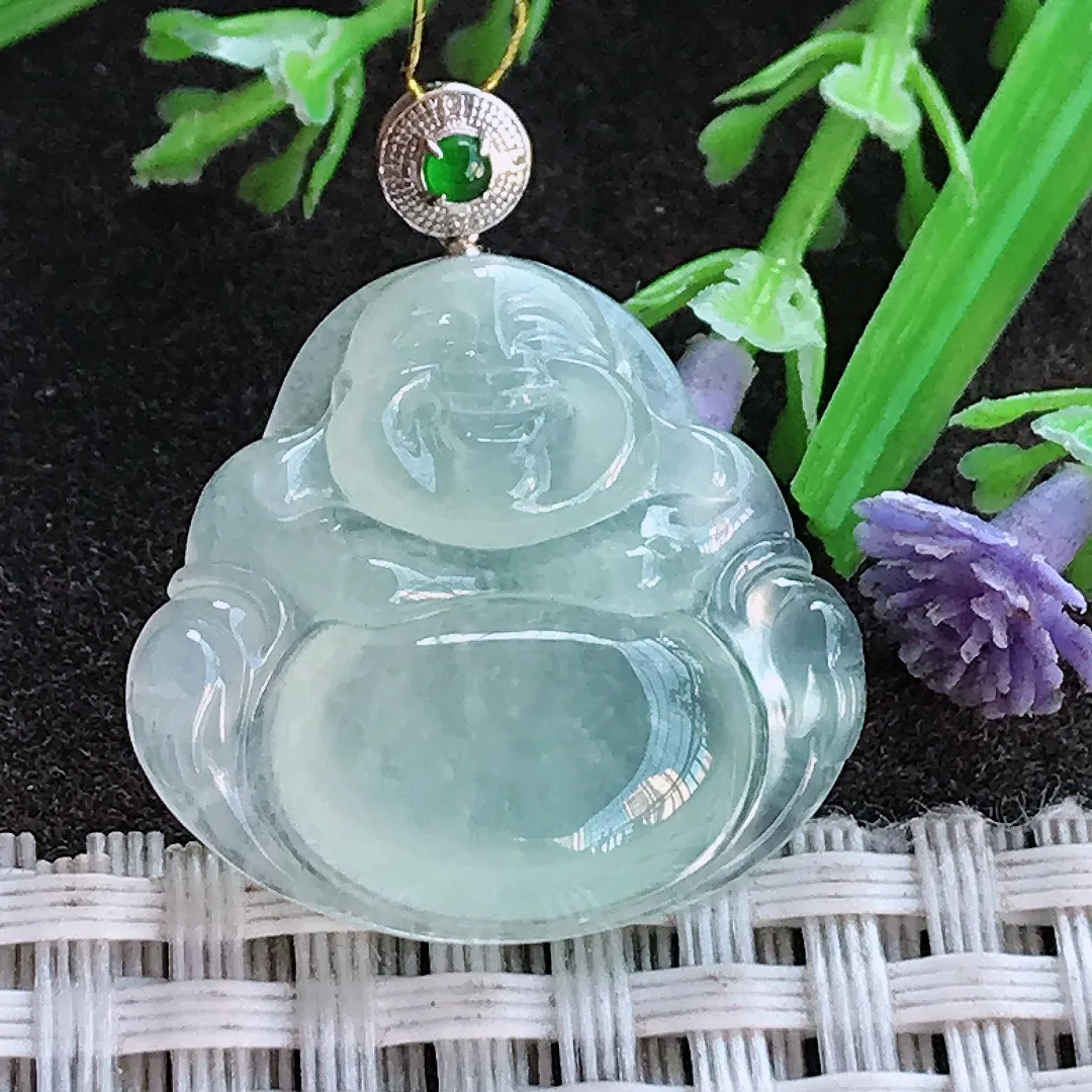 实拍A货翡翠22.8/24.3/5.4老坑18k金镶嵌冰种冰晴佛公吊坠翡翠玉佛挂件