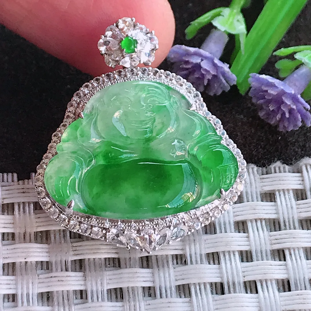 实拍A货翡翠29.5/26/8.2老坑18k金镶嵌冰阳绿佛公吊坠翡翠挂件