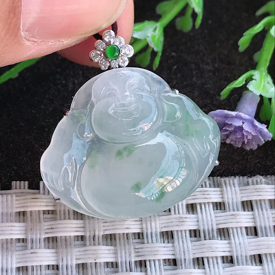 实拍A货翡翠26.6/26/9.7老坑18k金镶嵌冰胶果冻冰飘花佛公吊坠翡翠玉佛挂件