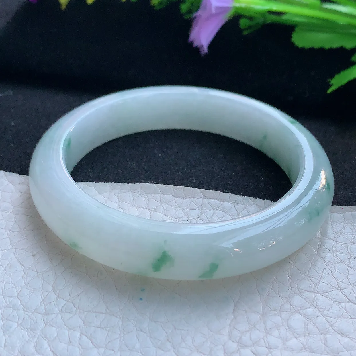 hf实拍53.5*11.5*8.2平安镯 天然缅甸翡翠玉手镯冰飘花飘逸宽边玉手环