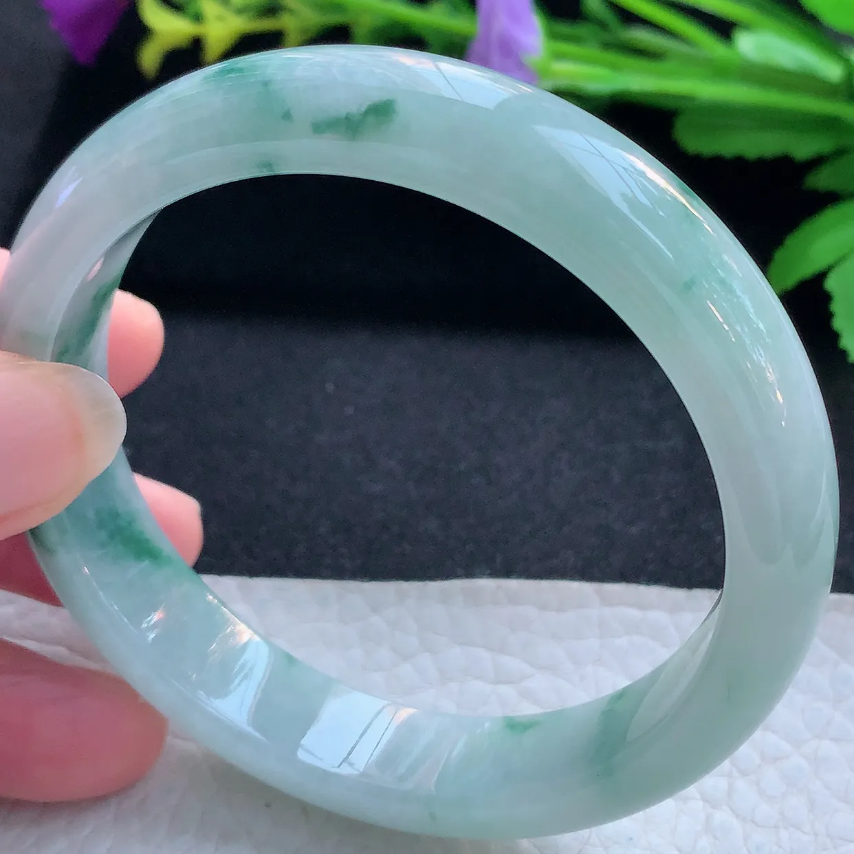 nr大圈口60*13*7.8平安镯 天然缅甸翡翠玉手镯冰飘蓝花宽边玉手环