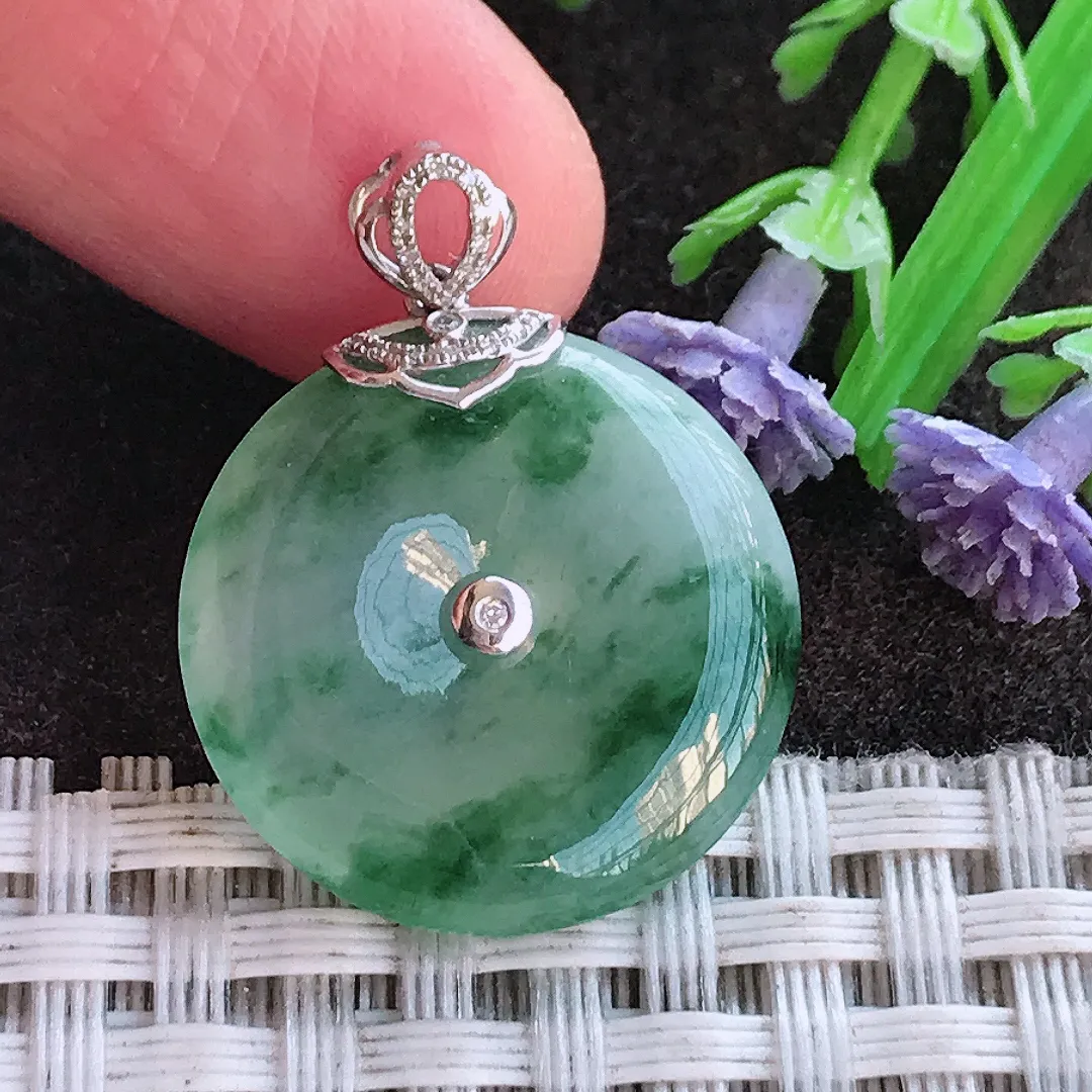 实拍A货翡翠21.2/4.5老坑18k金镶嵌冰胶飘花平安扣吊坠翡翠玉扣挂件