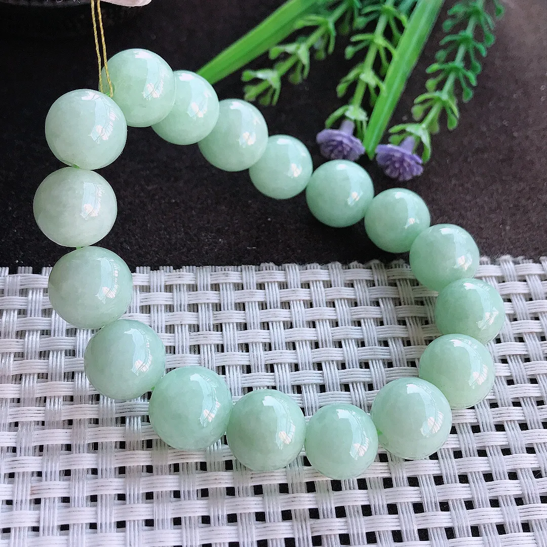 实拍A货翡翠12.5/17颗老坑清秀温润浅绿色圆珠手链翡翠玉珠手串