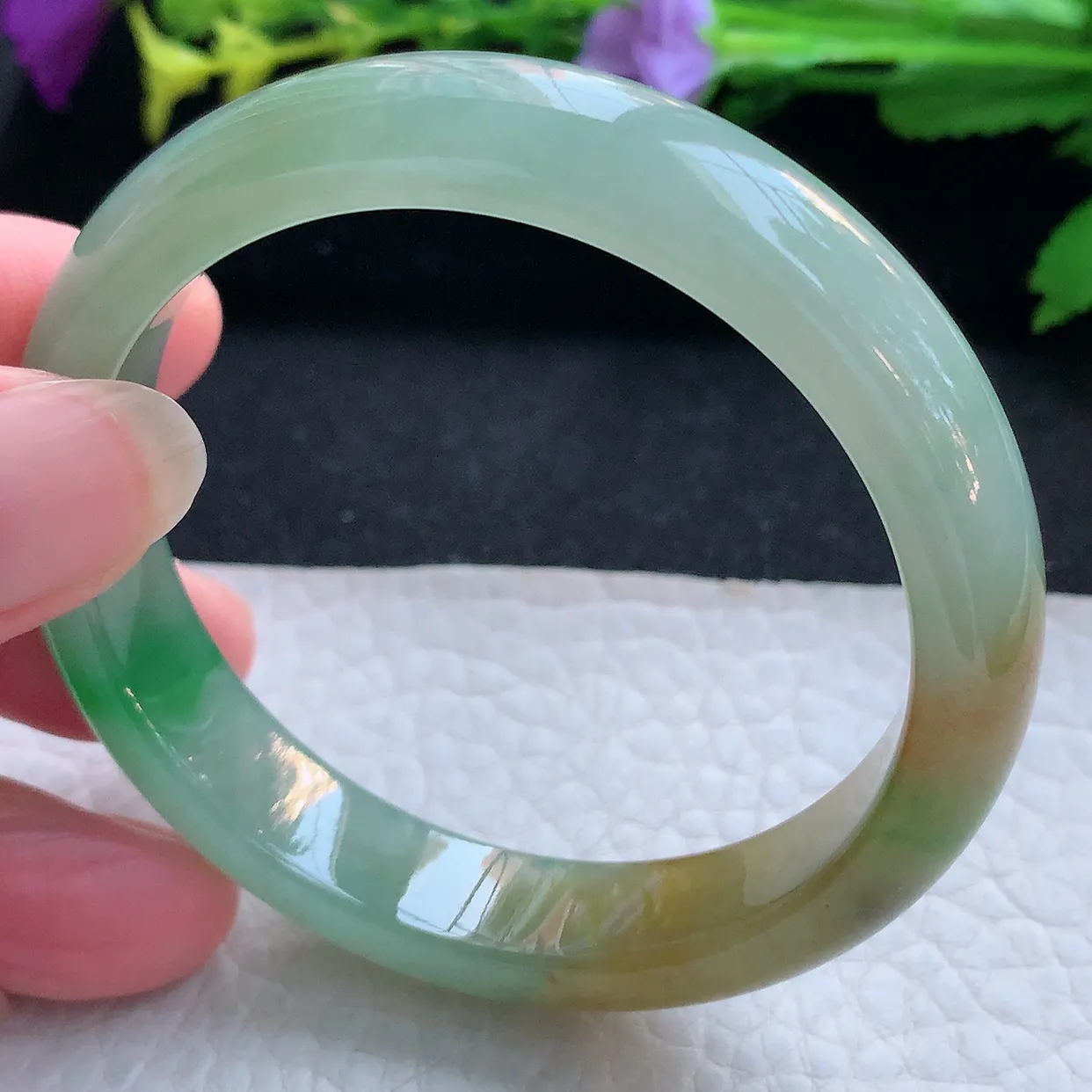 h小圈口52.5*11.6*7平安镯 天然缅甸翡翠玉手镯冰三彩宽边玉手环