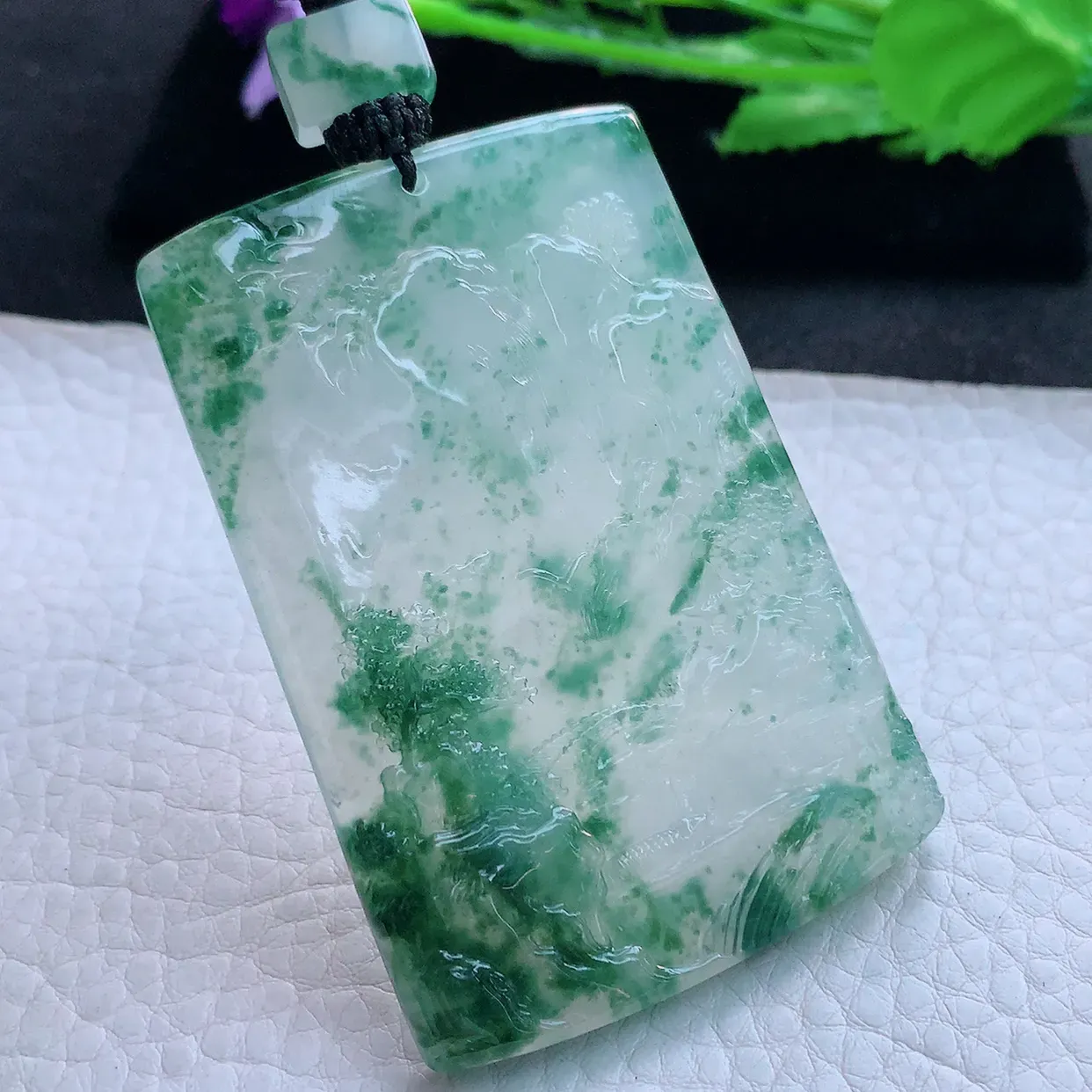 yl实拍65.8*45.2*5.8缅甸翡翠精雕冰飘花山水 大好河山玉挂件