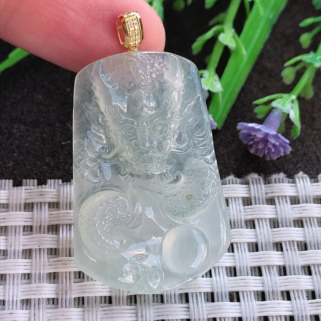 实拍A货翡翠38/25/4.8老坑18k金镶嵌冰种冰晴龙牌吊坠翡翠挂件