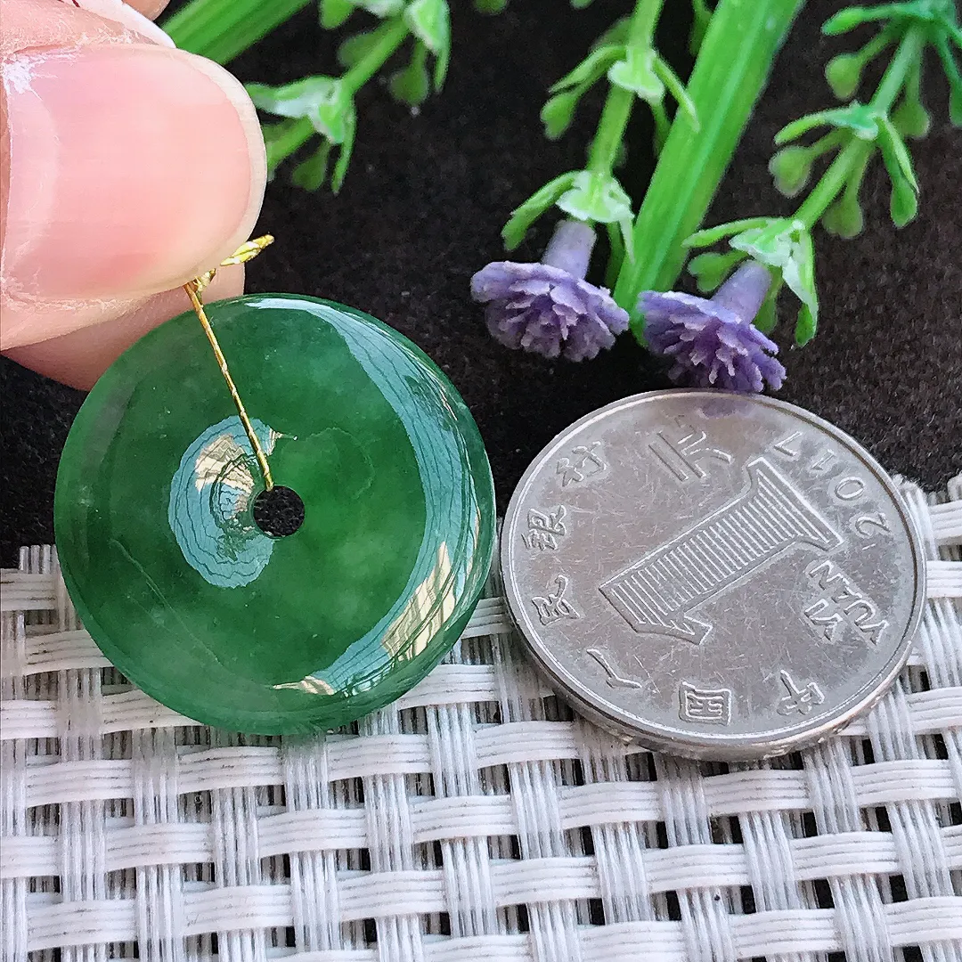 实拍A货翡翠24.8/4.7老坑冰润满绿平安扣吊坠翡翠挂件玉扣