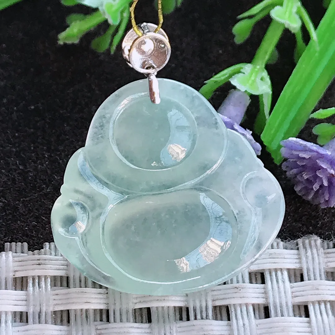 实拍A货翡翠22.8/24.3/5.4老坑18k金镶嵌冰种冰晴佛公吊坠翡翠玉佛挂件