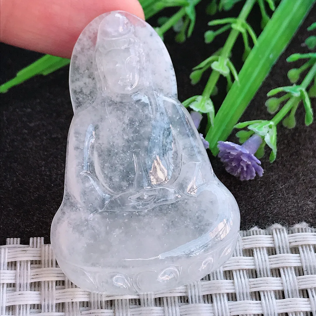 实拍A货翡翠49.5/33/4.5老坑冰透素衣观音吊坠翡翠挂件