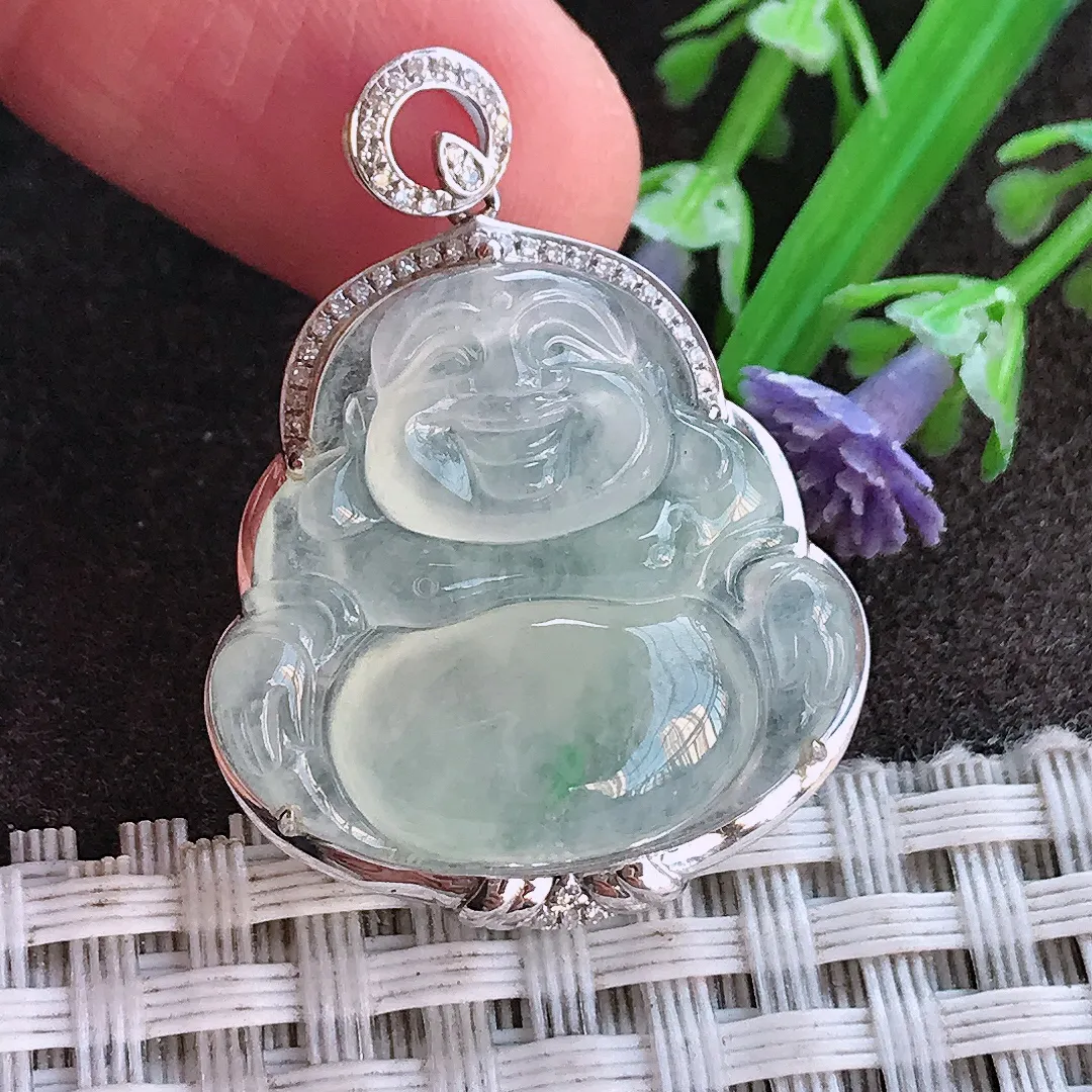 实拍A货翡翠32.6/24.8/8.5老坑18k金镶嵌冰种佛公吊坠翡翠玉佛挂件