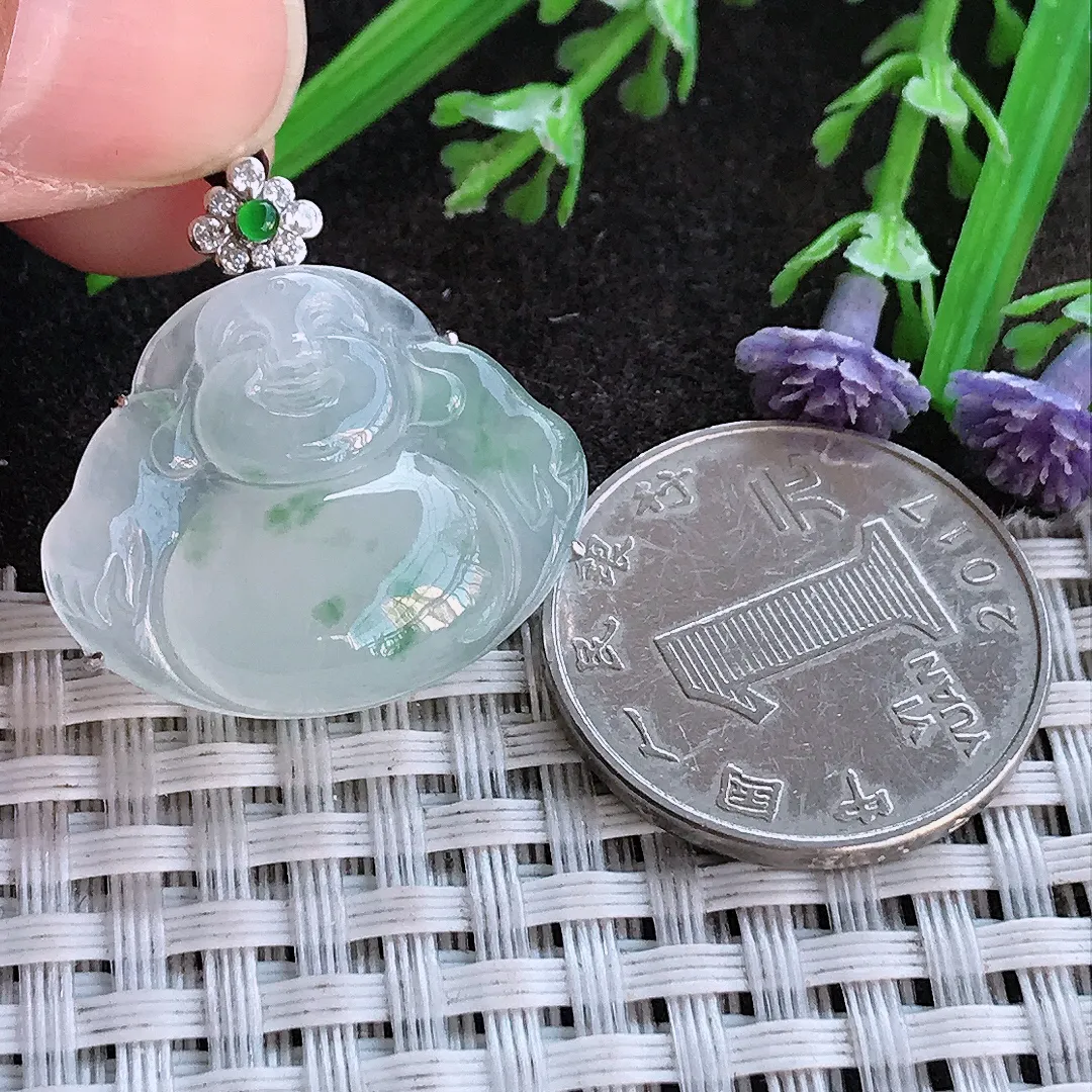 实拍A货翡翠26.6/26/9.7老坑18k金镶嵌冰胶果冻冰飘花佛公吊坠翡翠玉佛挂件