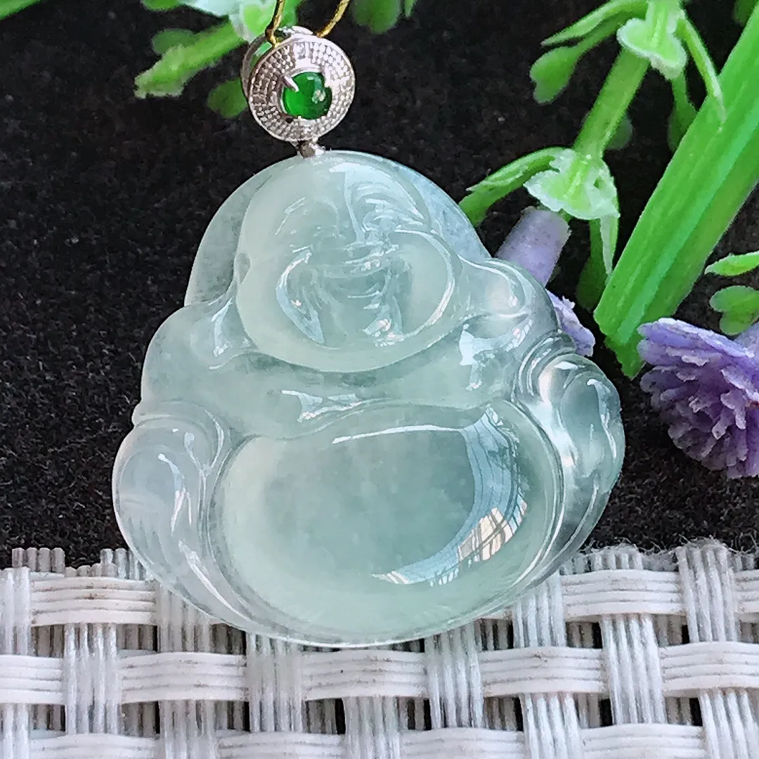 实拍A货翡翠22.8/24.3/5.4老坑18k金镶嵌冰种冰晴佛公吊坠翡翠玉佛挂件