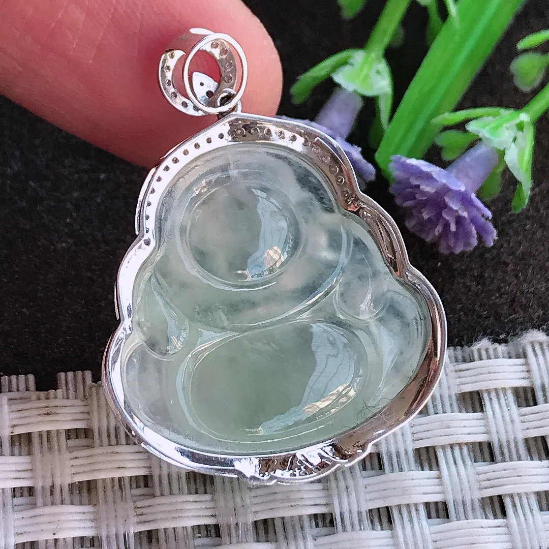 实拍A货翡翠32.6/24.8/8.5老坑18k金镶嵌冰种佛公吊坠翡翠玉佛挂件