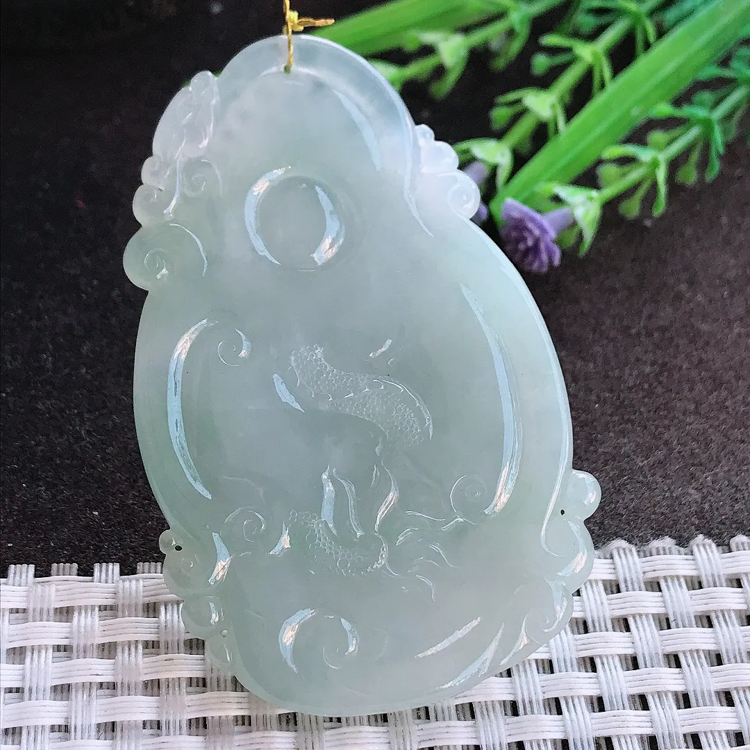 实拍A货翡翠65.3/40/8老坑冰润起胶财神爷吊坠翡翠挂件