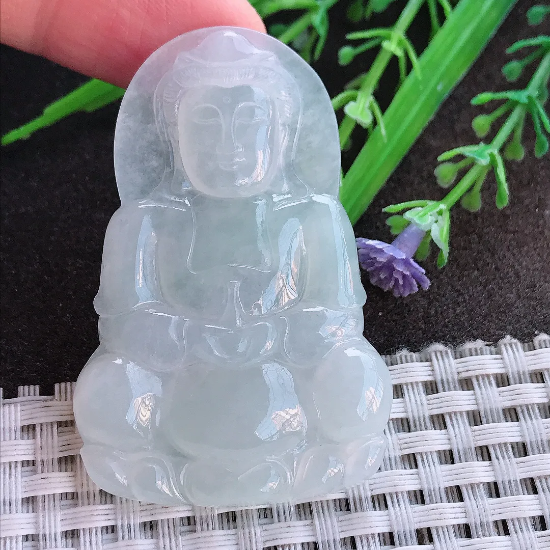 实拍A货翡翠52.5/34.3/4.8老坑冰透起胶正装观音吊坠翡翠挂件