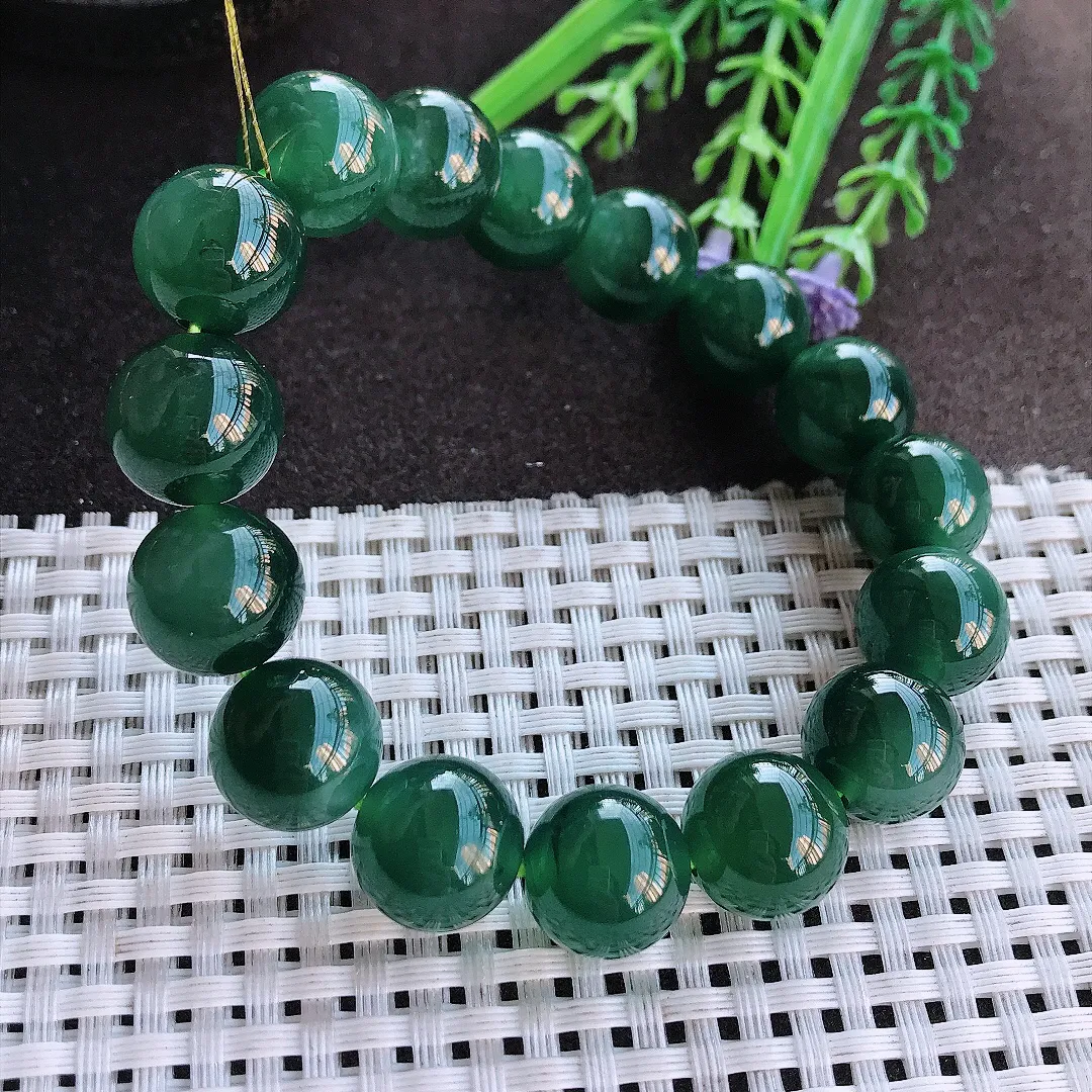 实拍A货翡翠13/16颗老坑冰胶果冻油润满色蓝韵圆珠手链玉珠手串