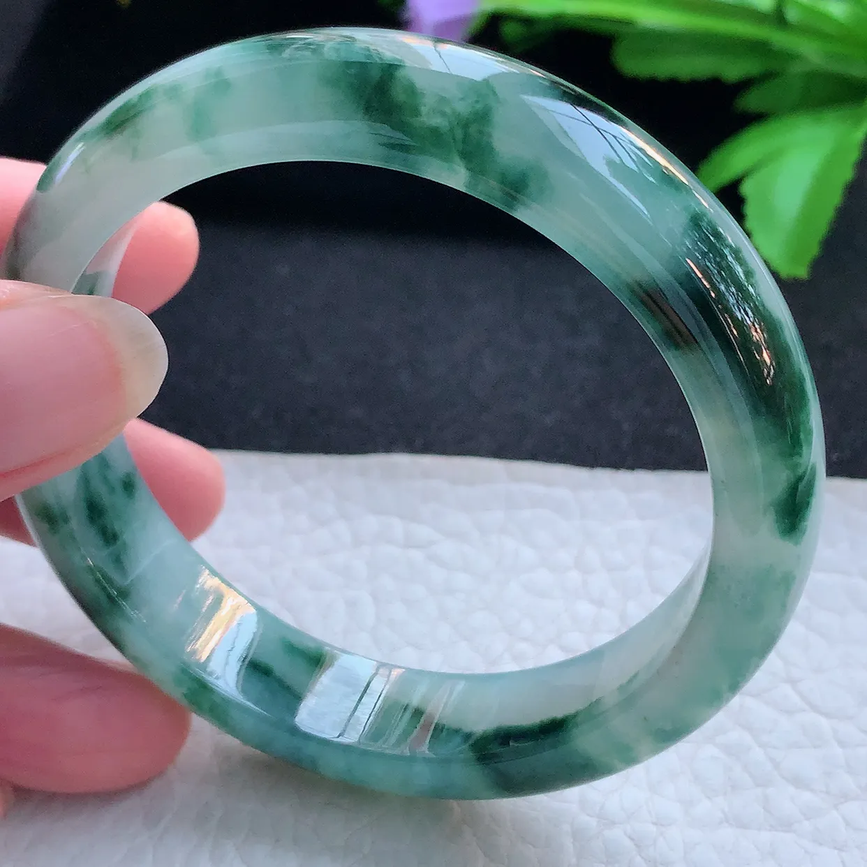 nr实拍56.5*13*8平安镯 天然缅甸翡翠玉手镯冰飘蓝花厚装宽边玉手环