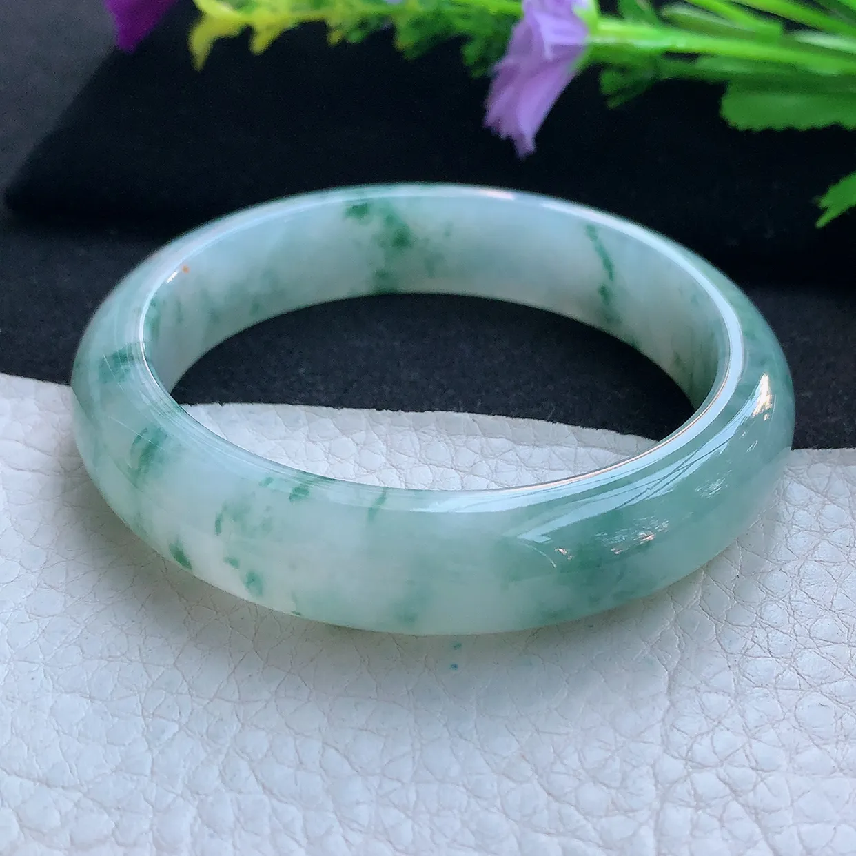 jl实拍56.5*13*8平安镯 天然缅甸翡翠玉手镯冰飘花飘逸宽边玉手环