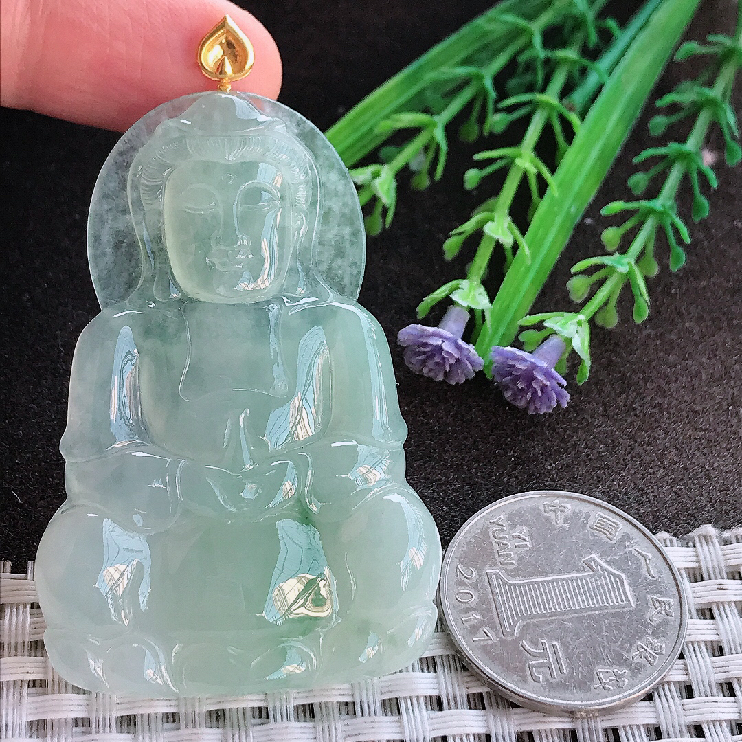 实拍A货翡翠59/38.5/5.8老坑18k金镶嵌冰胶冰晴绿正装观音吊坠翡翠挂件