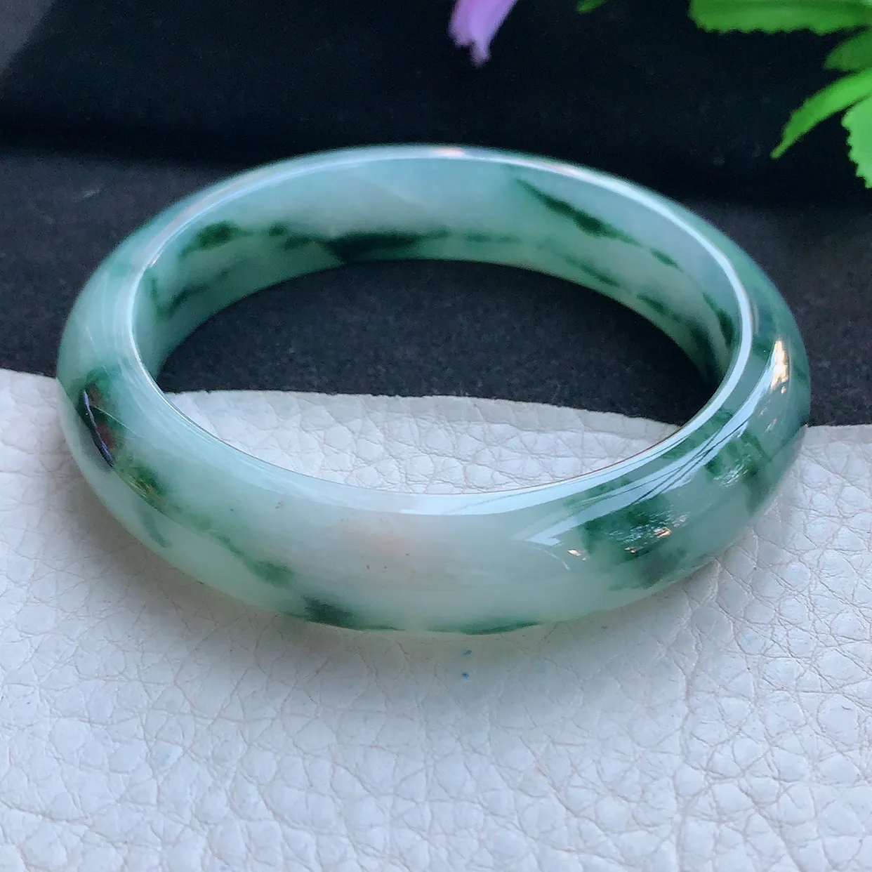 nr实拍56.5*13*8平安镯 天然缅甸翡翠玉手镯冰飘蓝花厚装宽边玉手环
