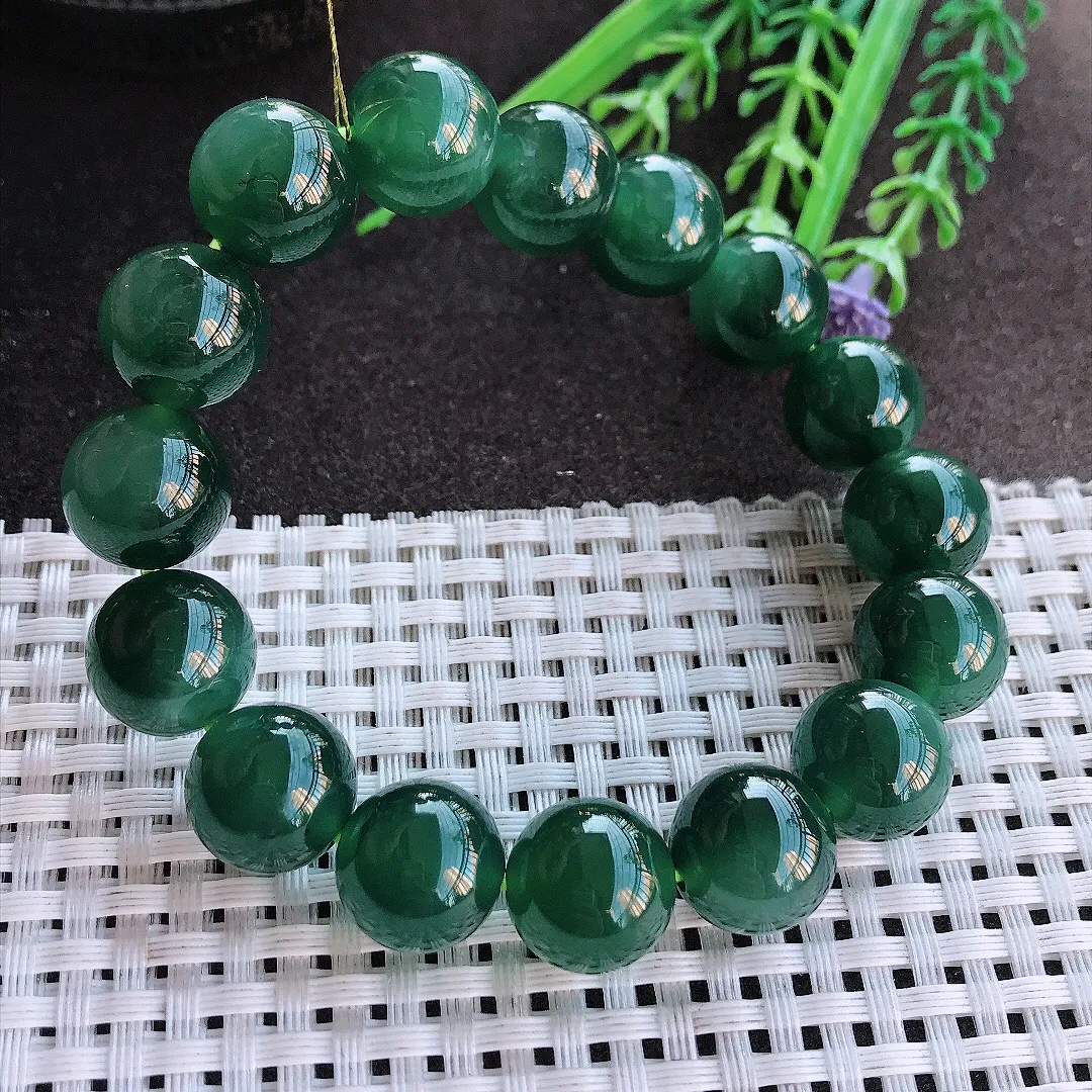 实拍A货翡翠13/16颗老坑冰胶果冻油润满色蓝韵圆珠手链玉珠手串