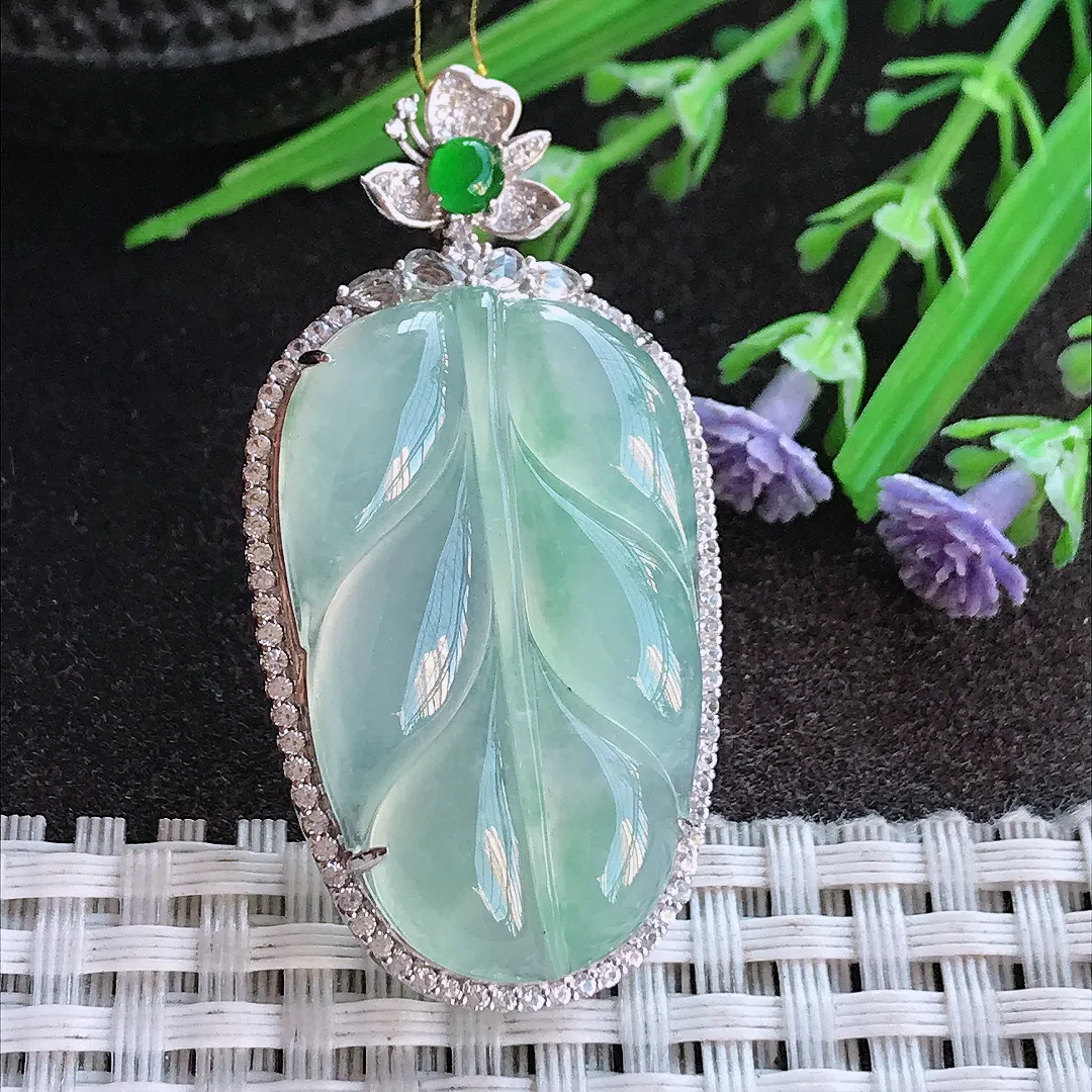 实拍A货翡翠47/24/9.3老坑18k金镶嵌冰种果冻胶冰晴叶子吊坠翡翠挂件