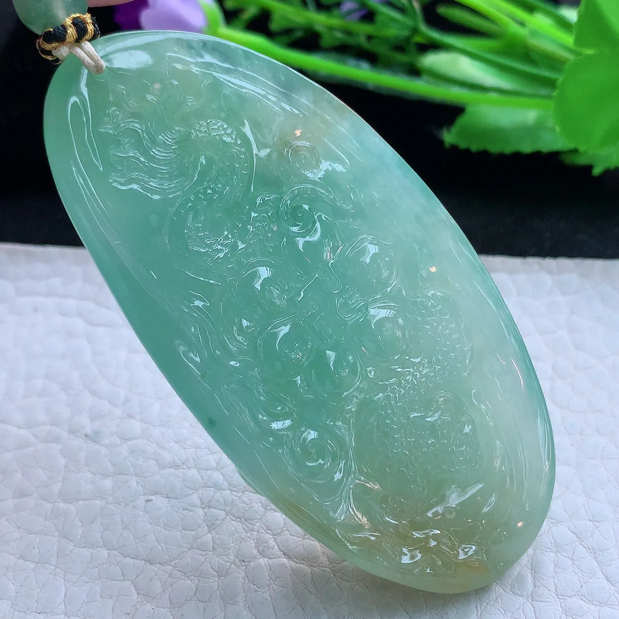 yl收藏款76.6*38*14.5缅甸翡翠精雕冰黄加绿御龙观音玉挂件