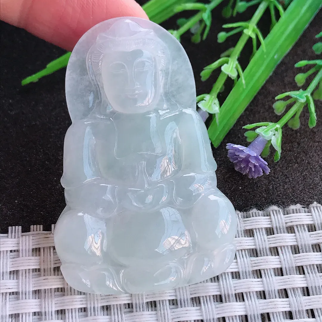 实拍A货翡翠52.5/34.3/4.8老坑冰透起胶正装观音吊坠翡翠挂件