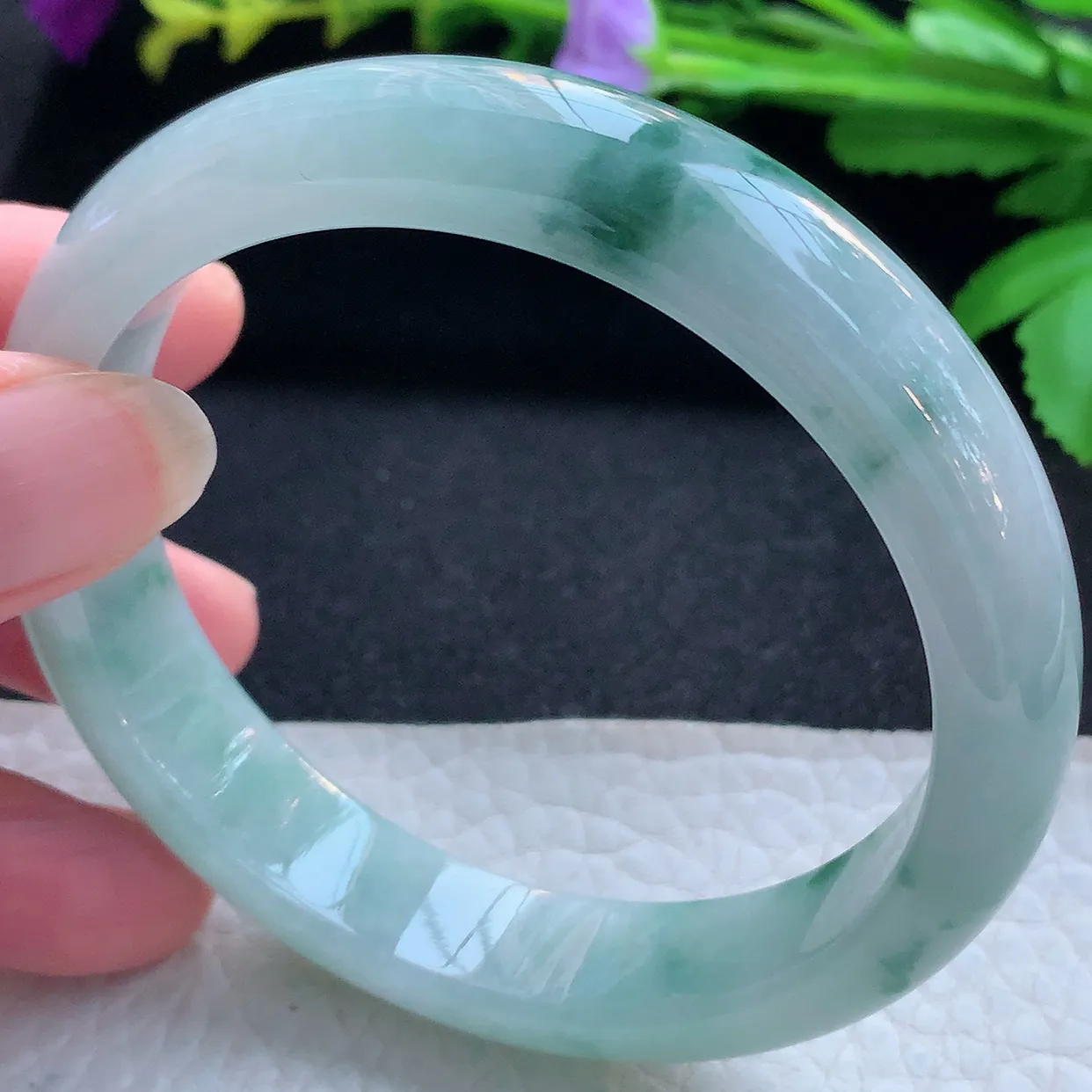 nr大圈口60*13*7.8平安镯 天然缅甸翡翠玉手镯冰飘蓝花宽边玉手环