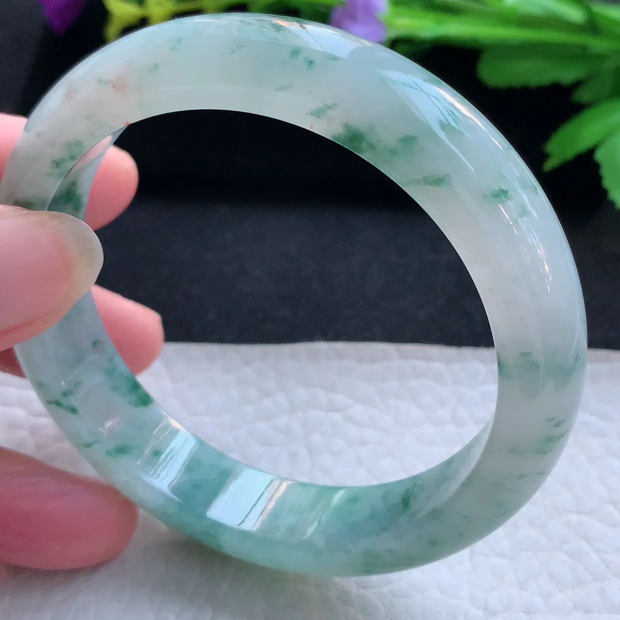 jl实拍56.5*13*8平安镯 天然缅甸翡翠玉手镯冰飘花飘逸宽边玉手环