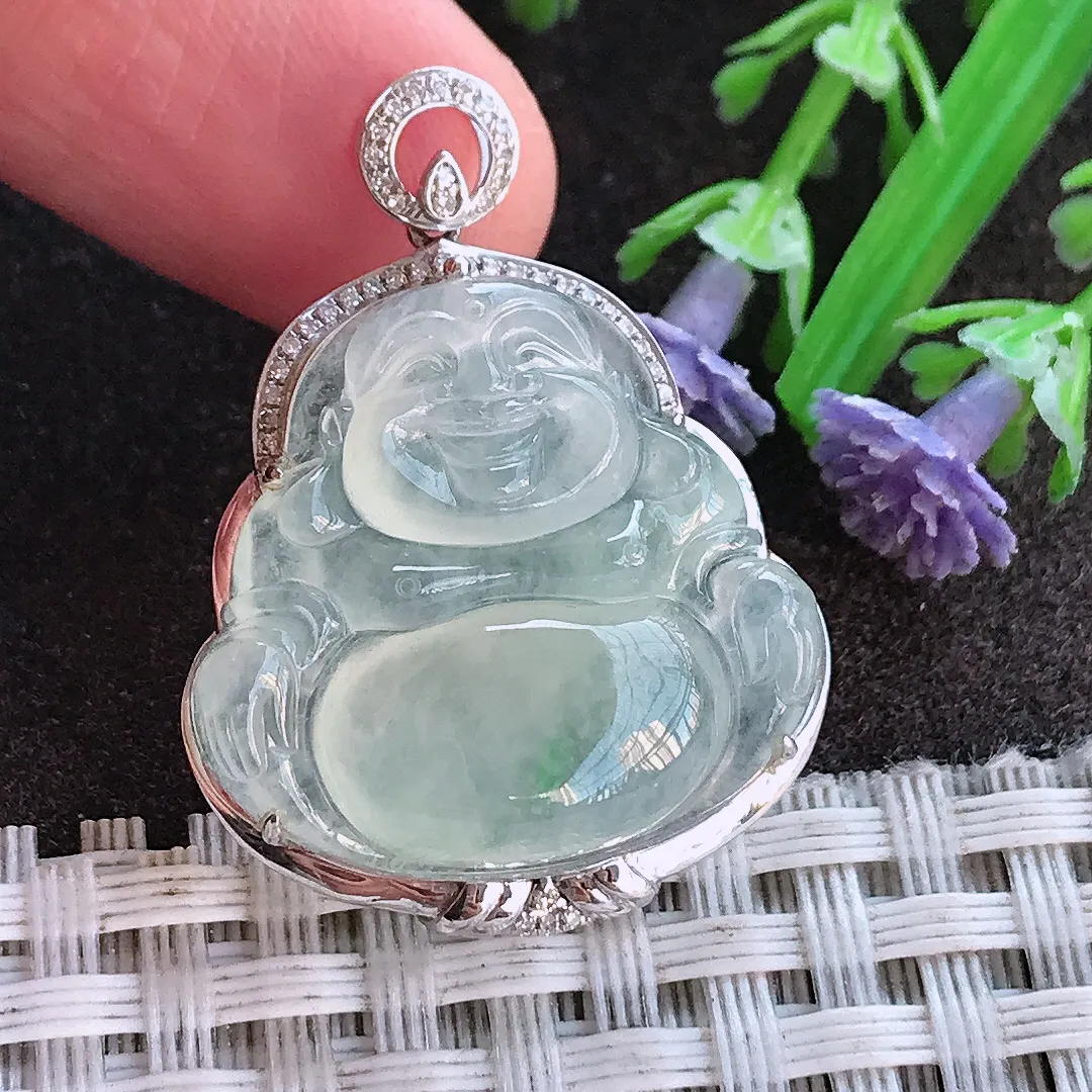 实拍A货翡翠32.6/24.8/8.5老坑18k金镶嵌冰种佛公吊坠翡翠玉佛挂件