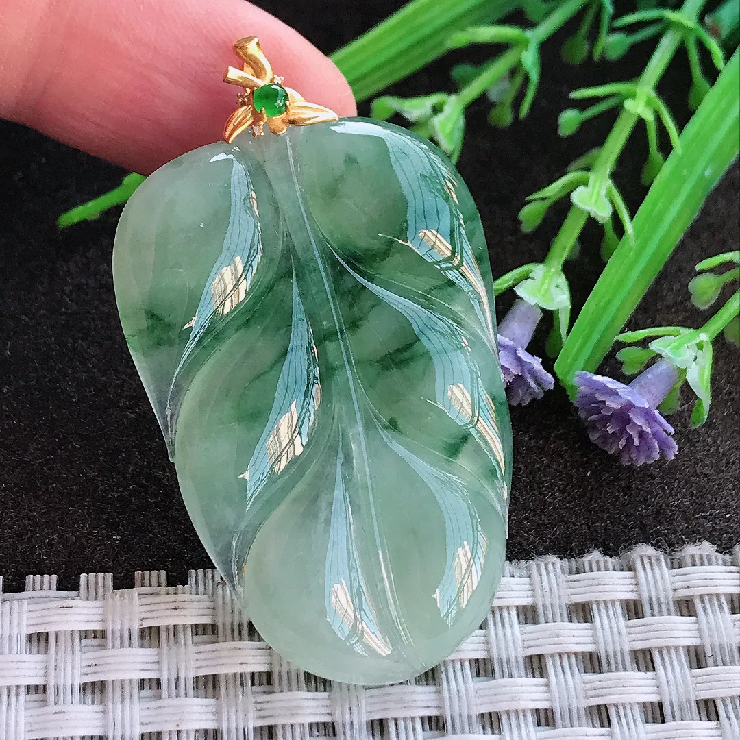实拍A货翡翠43/28.8/4.5老坑18k金镶嵌冰胶飘花叶子吊坠翡翠挂件