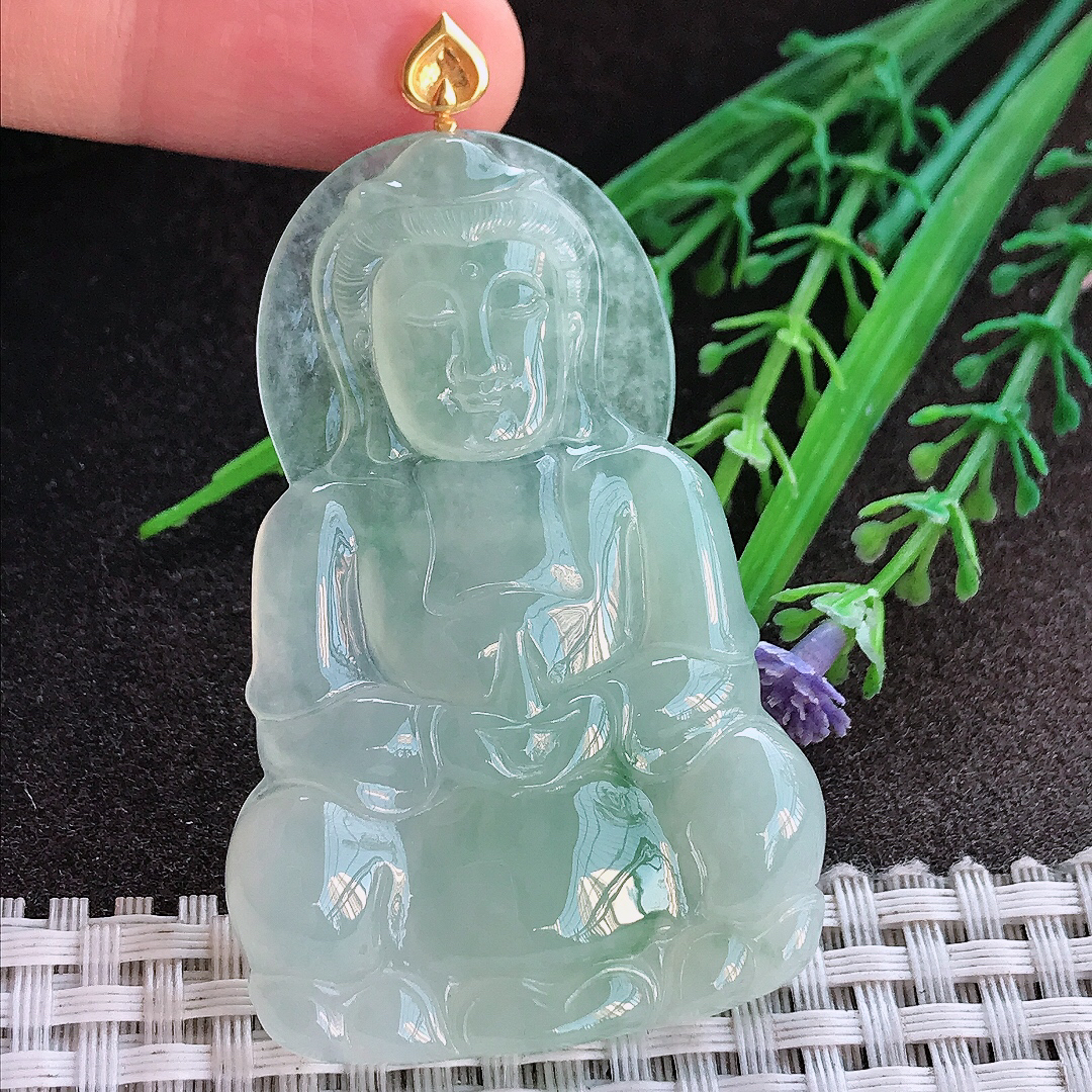 实拍A货翡翠59/38.5/5.8老坑18k金镶嵌冰胶冰晴绿正装观音吊坠翡翠挂件