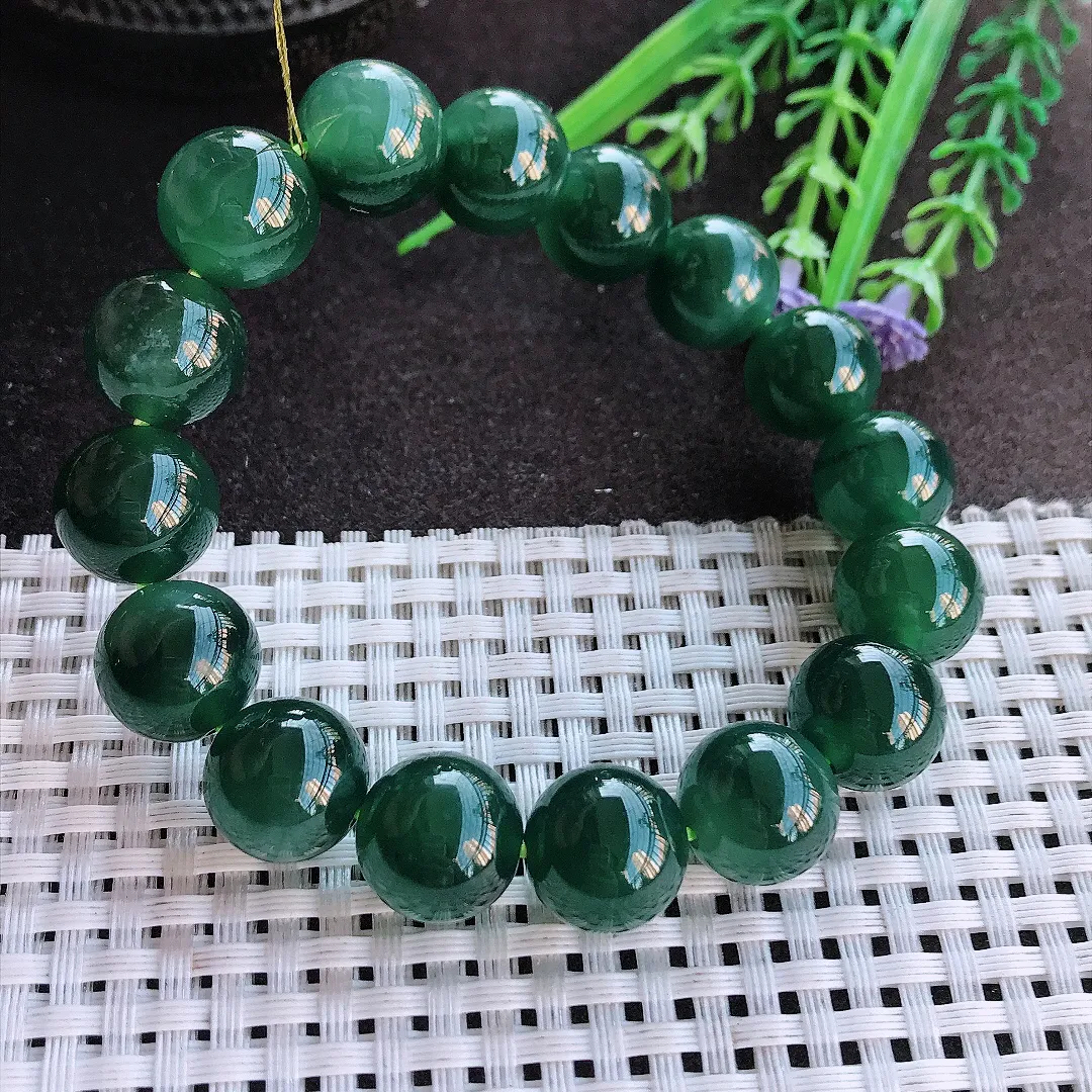 实拍A货翡翠13/16颗老坑冰胶果冻油润满色蓝韵圆珠手链玉珠手串