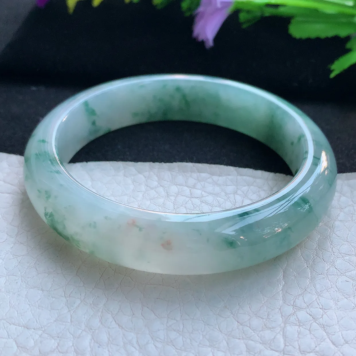 jl实拍56.5*13*8平安镯 天然缅甸翡翠玉手镯冰飘花飘逸宽边玉手环