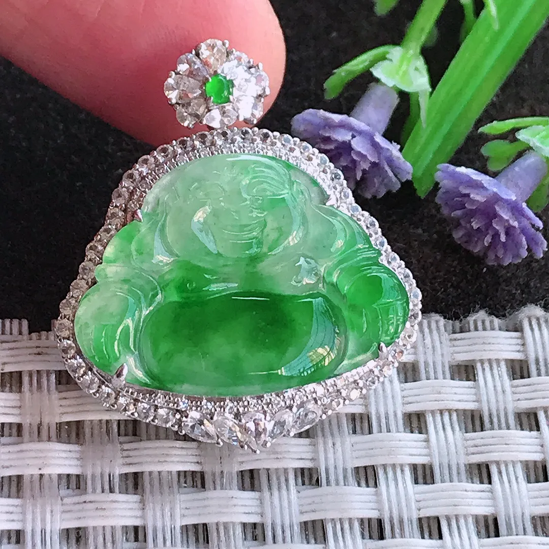 实拍A货翡翠29.5/26/8.2老坑18k金镶嵌冰阳绿佛公吊坠翡翠挂件