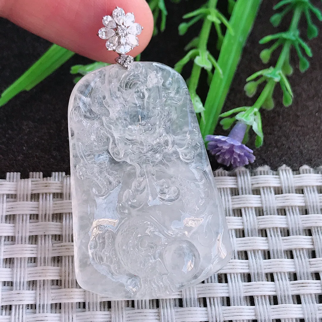 实拍A货翡翠40.5/27.5/5老坑18k金镶嵌冰种龙牌吊坠翡翠挂件