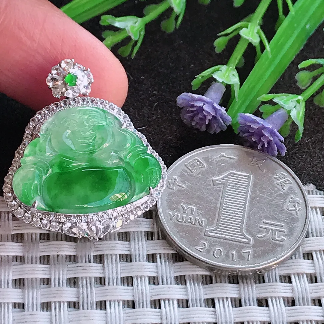 实拍A货翡翠29.5/26/8.2老坑18k金镶嵌冰阳绿佛公吊坠翡翠挂件