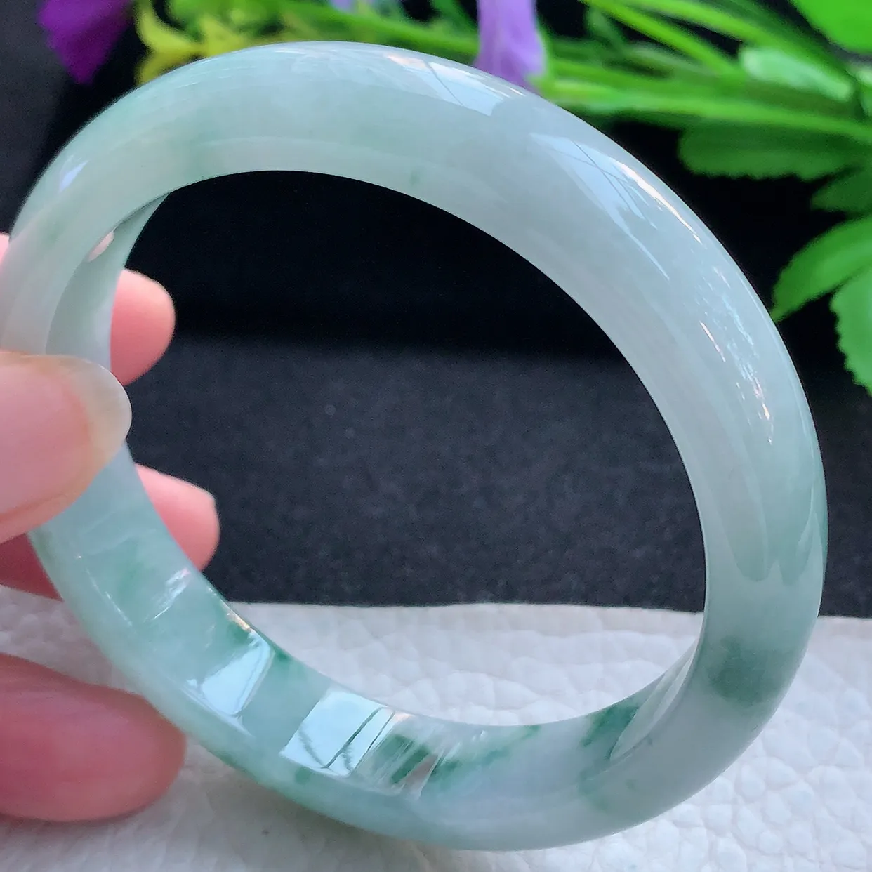 nr大圈口60*13*7.8平安镯 天然缅甸翡翠玉手镯冰飘蓝花宽边玉手环