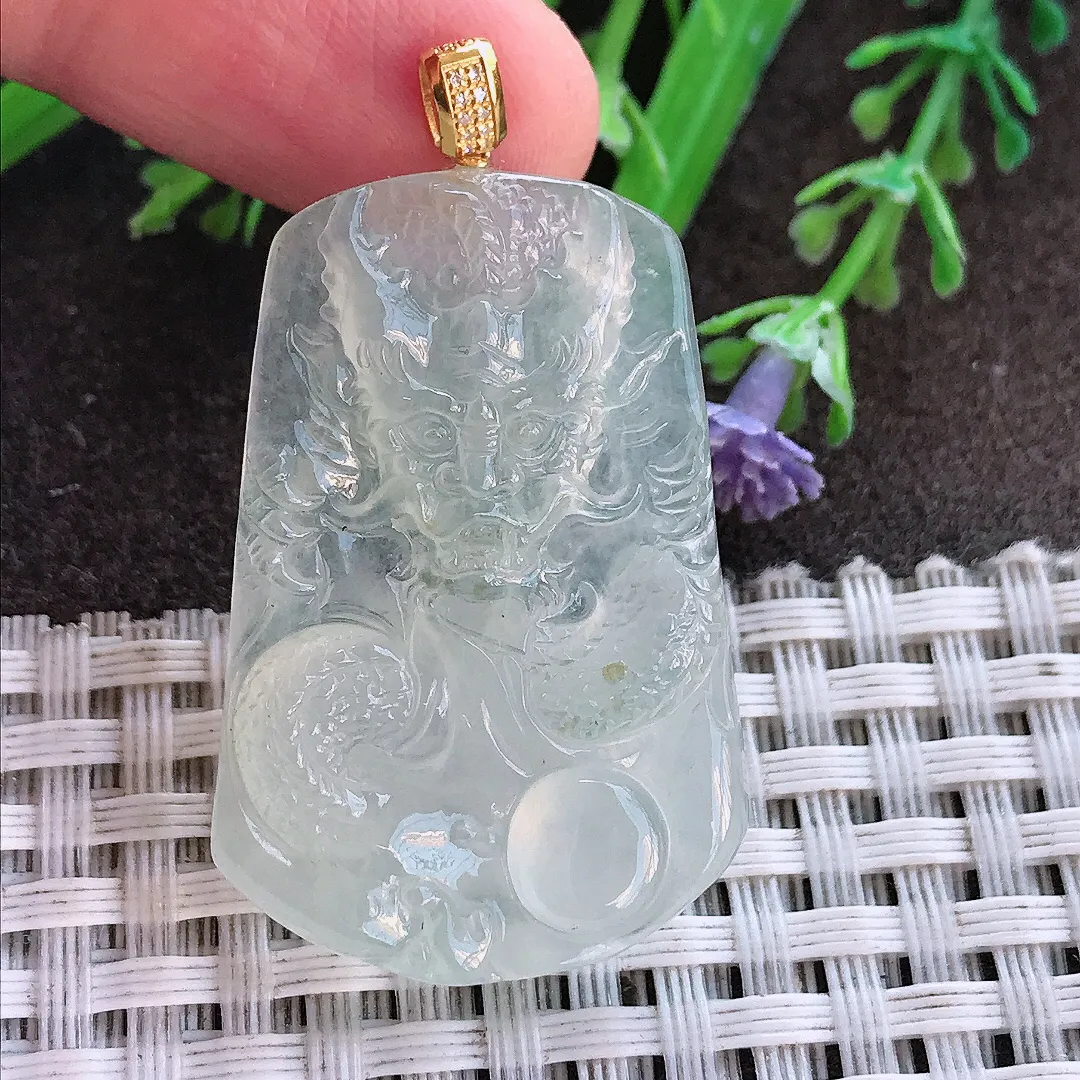 实拍A货翡翠38/25/4.8老坑18k金镶嵌冰种冰晴龙牌吊坠翡翠挂件