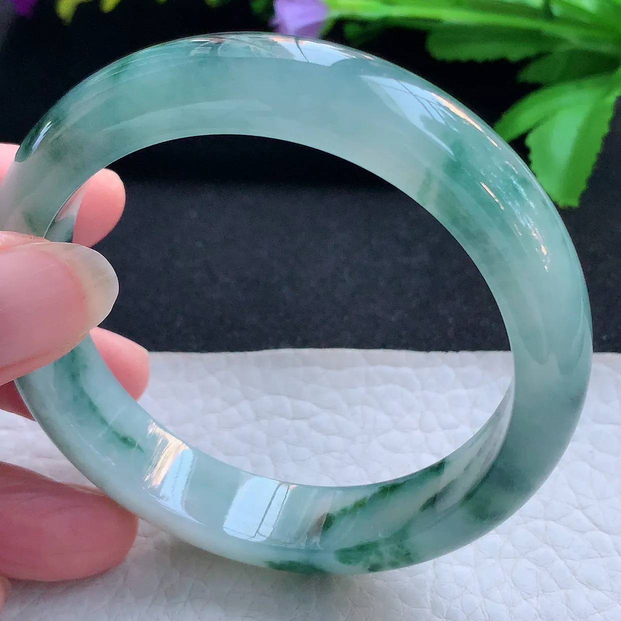 nr实拍56.5*13*8平安镯 天然缅甸翡翠玉手镯冰飘蓝花厚装宽边玉手环