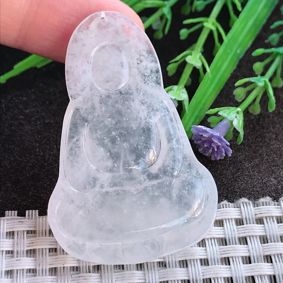 实拍A货翡翠49.5/33/4.5老坑冰透素衣观音吊坠翡翠挂件