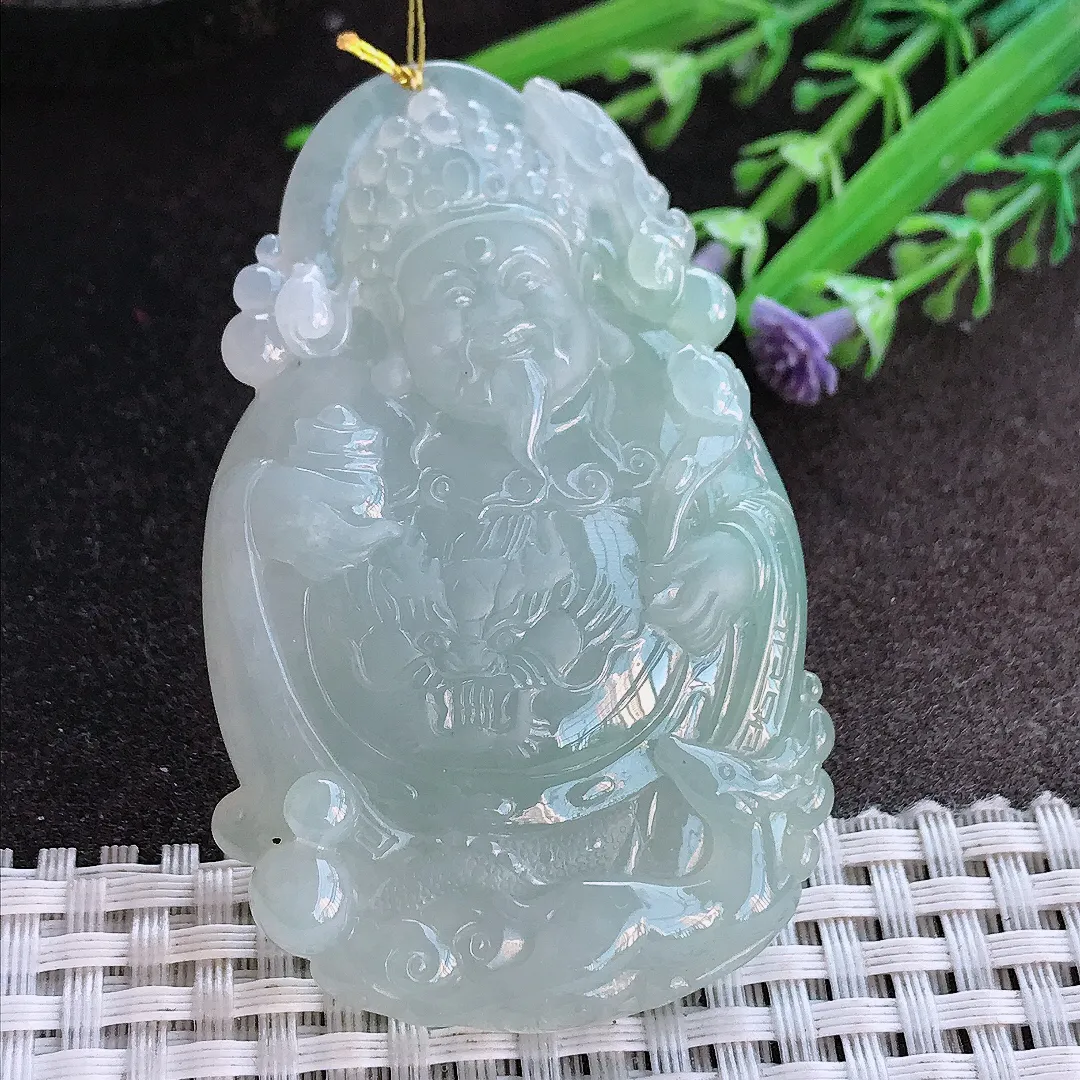 实拍A货翡翠65.3/40/8老坑冰润起胶财神爷吊坠翡翠挂件