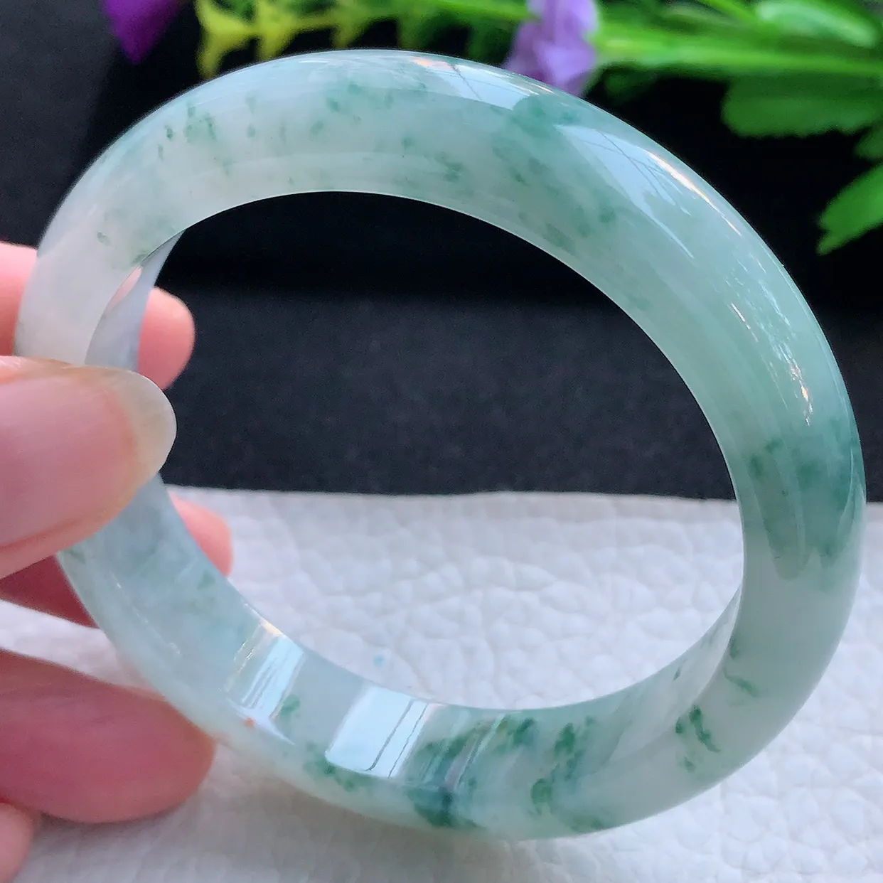 jl实拍56.5*13*8平安镯 天然缅甸翡翠玉手镯冰飘花飘逸宽边玉手环