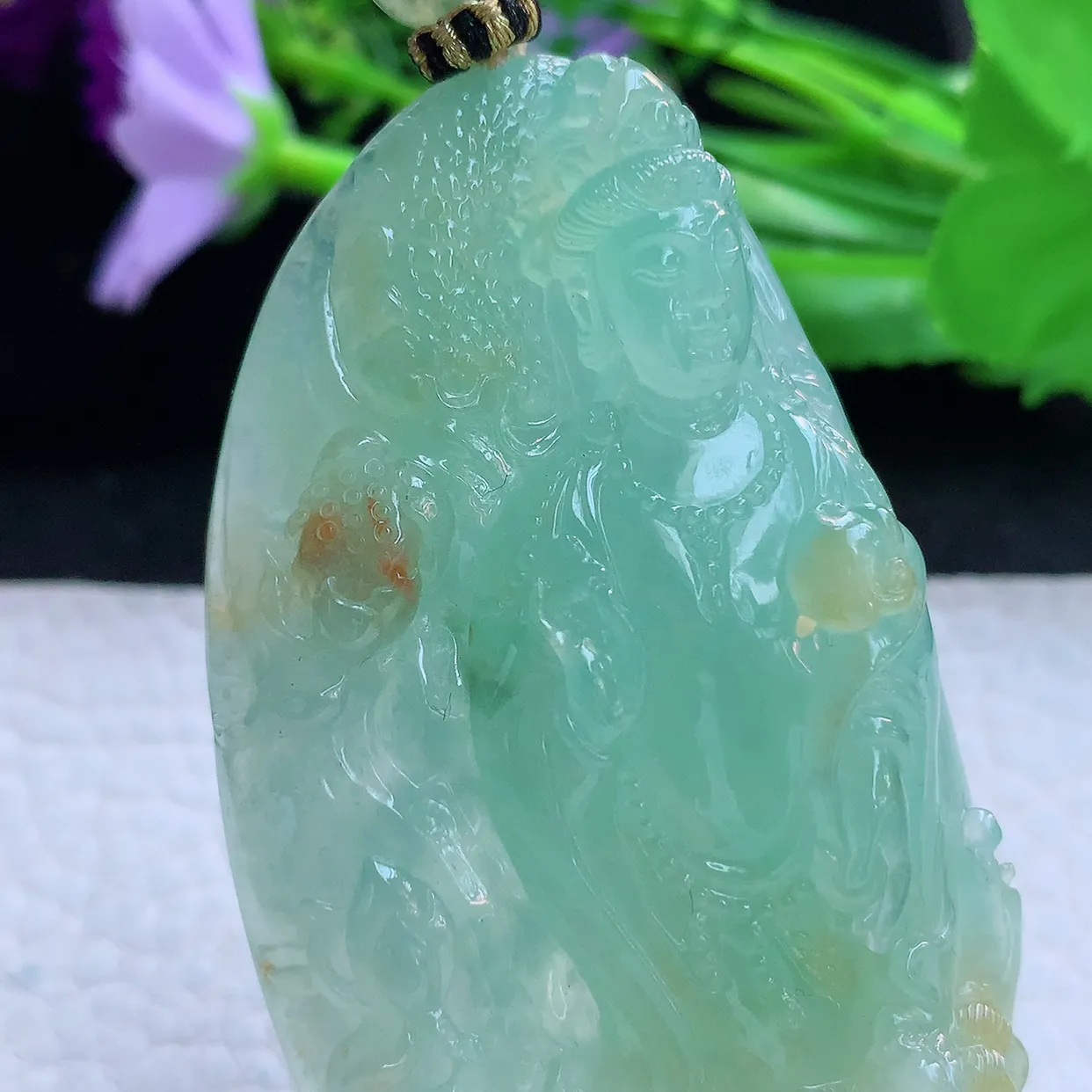 yl收藏款76.6*38*14.5缅甸翡翠精雕冰黄加绿御龙观音玉挂件