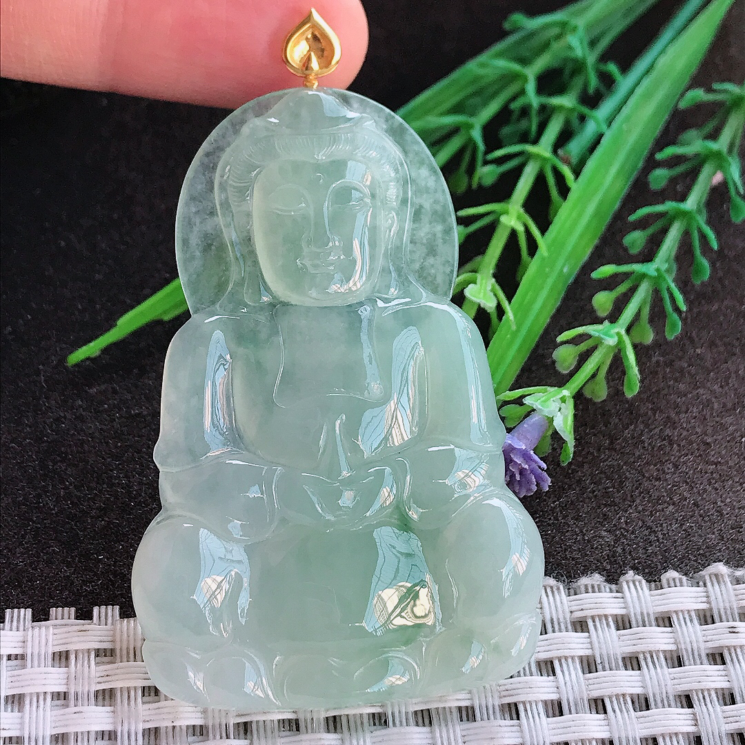 实拍A货翡翠59/38.5/5.8老坑18k金镶嵌冰胶冰晴绿正装观音吊坠翡翠挂件